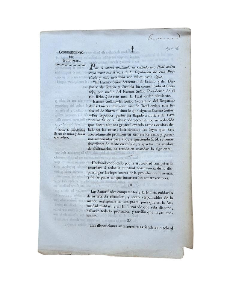 CORREGIMIENTO DE GUIPUZCOA. SOBRE LA PROHIBICIÓN DE USO DE ARMAS Y DEMÁS QUE SE ORDENA (1833)