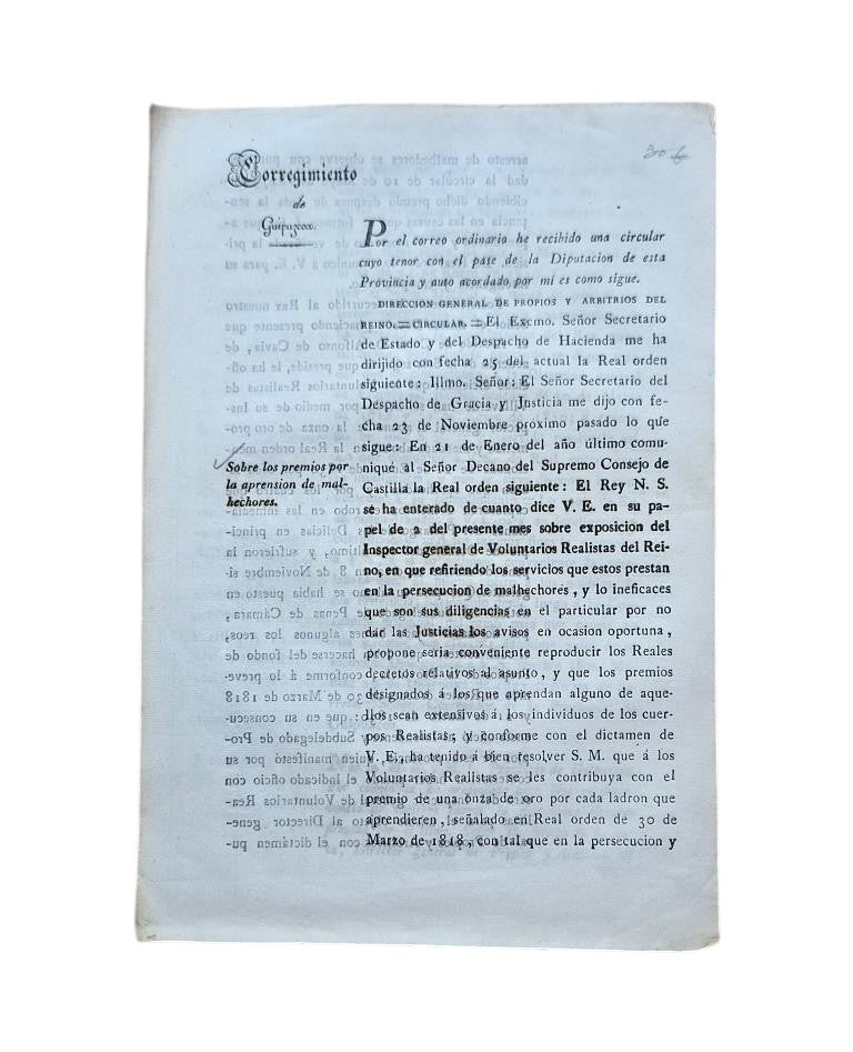 CORREGIMIENTO DE GUIPUZCOA. SOBRE LOS PREMIOS POR LA APRENSION DE MALHECHORES (1832)