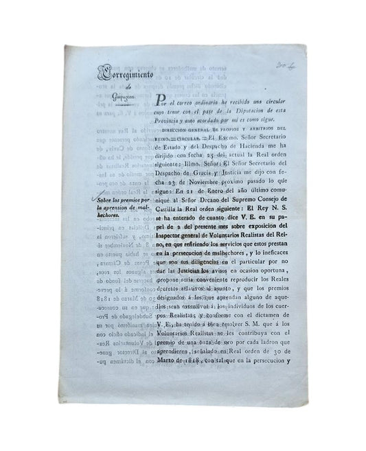 CORREGIMIENTO DE GUIPUZCOA. SOBRE LOS PREMIOS POR LA APRENSION DE MALHECHORES (1832)