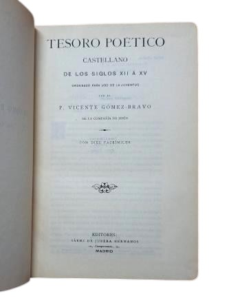Gómez-Bravo, Vicente.- TESORO POÉTICO CASTELLANO DE LOS SIGLOS XII AL XV