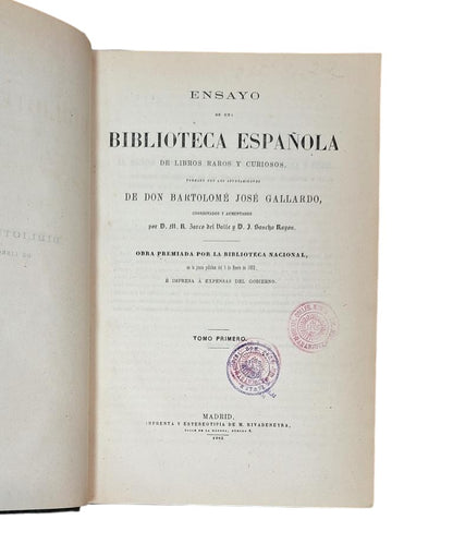 Gallardo, Bartolomé J.- ENSAYO DE UNA BIBLIOTECA ESPAÑOLA DE LIBROS RAROS Y CURIOSOS (I - II)