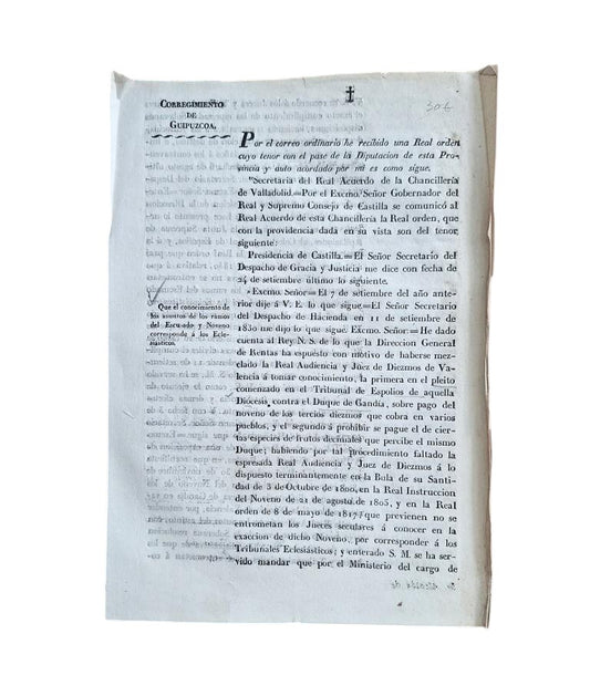 CORREGIMIENTO DE GUIPUZCOA. QUE EL CONOCIMIENTO DE LOS ASUNTOS DE LOS RAMOS DEL ESCUSADO Y NOVENO CORRESPONDE A LOS ECLESIÁSTICOS (1832)