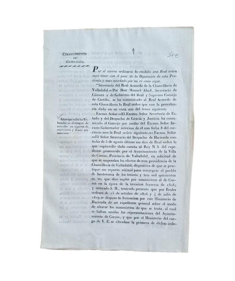CORREGIMIENTO DE GUIPUZCOA. SOBRE QUE TODOS LOS TRIBUNALES SE ABSTENGAN DE ENTENDER EN REPARTOS DE SUMINISTROS Y DEMÁS QUE MENCIONA (1831)