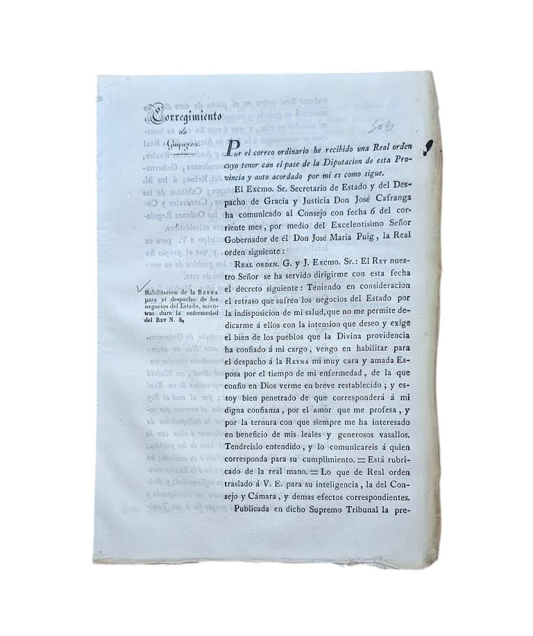 CORREGIMIENTO DE GUIPUZCOA. HABILITACIÓN DE LA REYNA PARA EL DESPACHO DE LOS NEGOCIOS DEL ESTADO (1832)