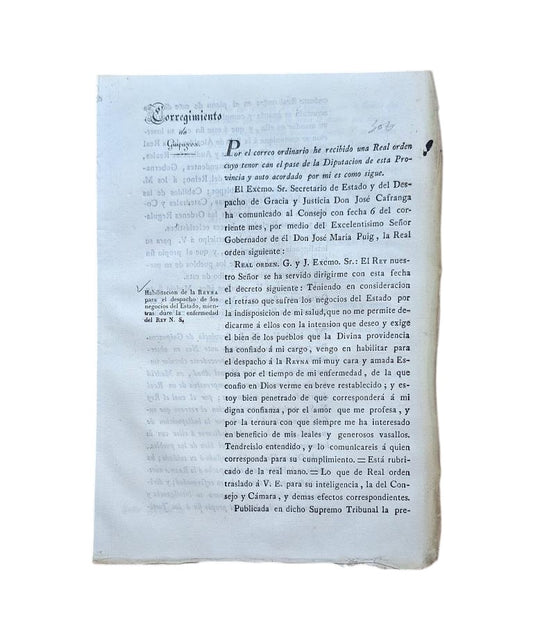 CORREGIMIENTO DE GUIPUZCOA. HABILITACIÓN DE LA REYNA PARA EL DESPACHO DE LOS NEGOCIOS DEL ESTADO (1832)