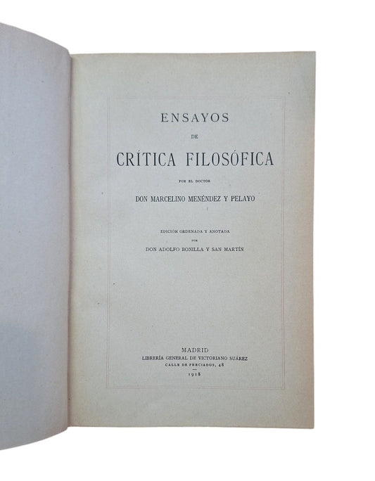 Menéndez y Pelayo, Marcelino.- ENSAYOS DE CRÍTICA FILOSÓFICA