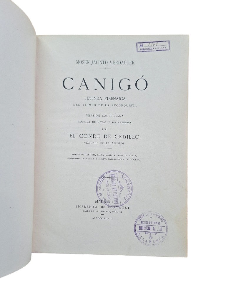 Verdaguer, Jacinto.- CANIGÓ. LEYENDA PIRENAICA DEL TIEMPO DE LA RECONQUISTA