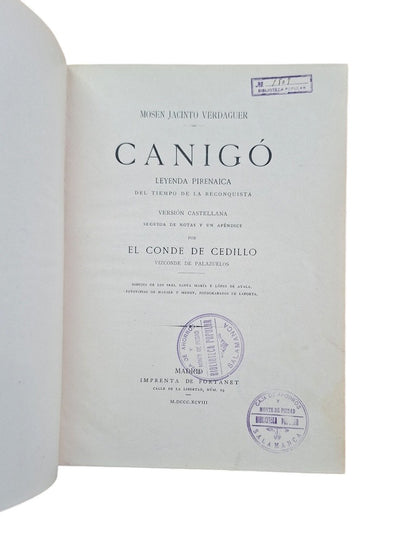 Verdaguer, Jacinto.- CANIGÓ. LEYENDA PIRENAICA DEL TIEMPO DE LA RECONQUISTA
